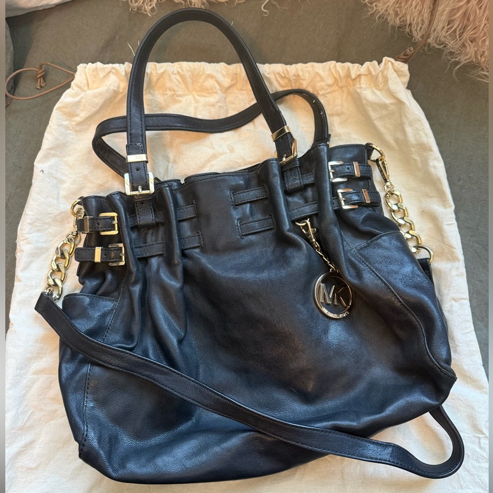 Michael Kors Black Leather Shoulder Bag with Gold Accents